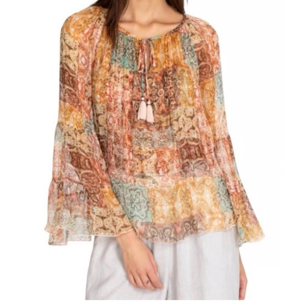 Johnny Was Kanarra Tiered Silk Blouse Flare Sleeves Boho Colorful Peasant Size M